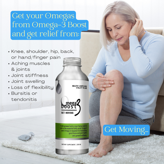 Woman with joint pain sitting on a couch next to a bottle of Omega-3 Boost supplement.
