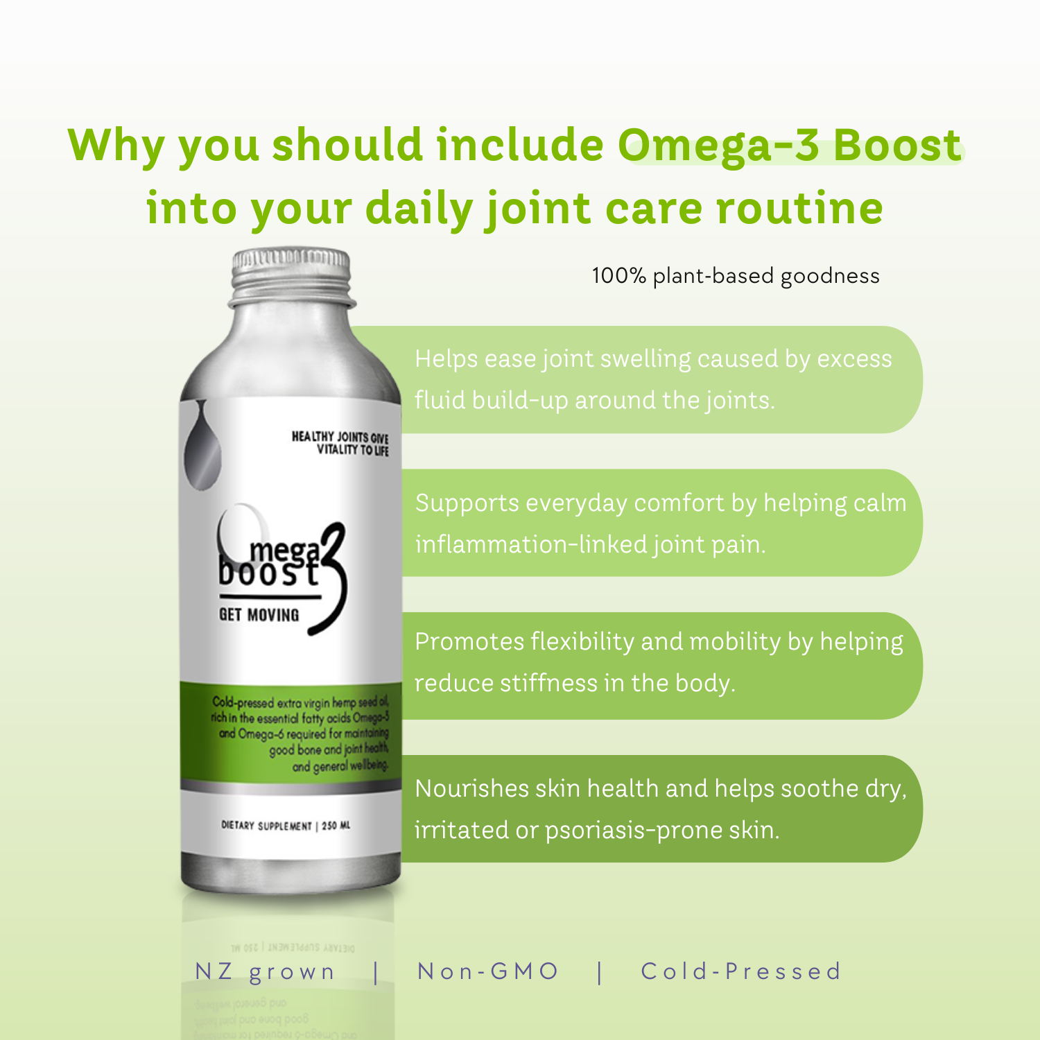 Omega-3 Boost bottle with text on a light green background