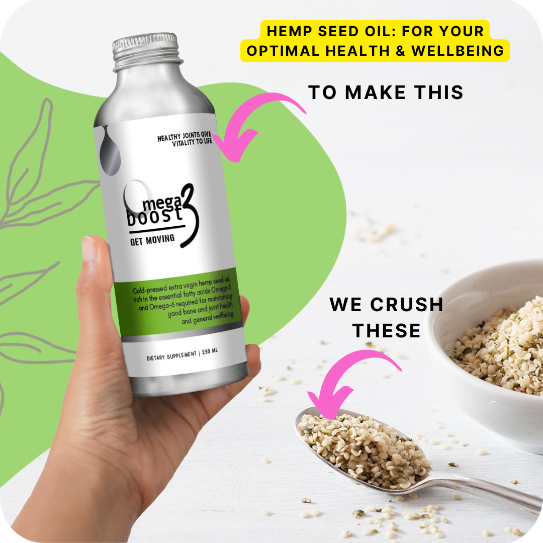 Hand holding a bottle of 'Omega-3 Boost' with text about hemp seed oil being made from crushed hemp seeds.